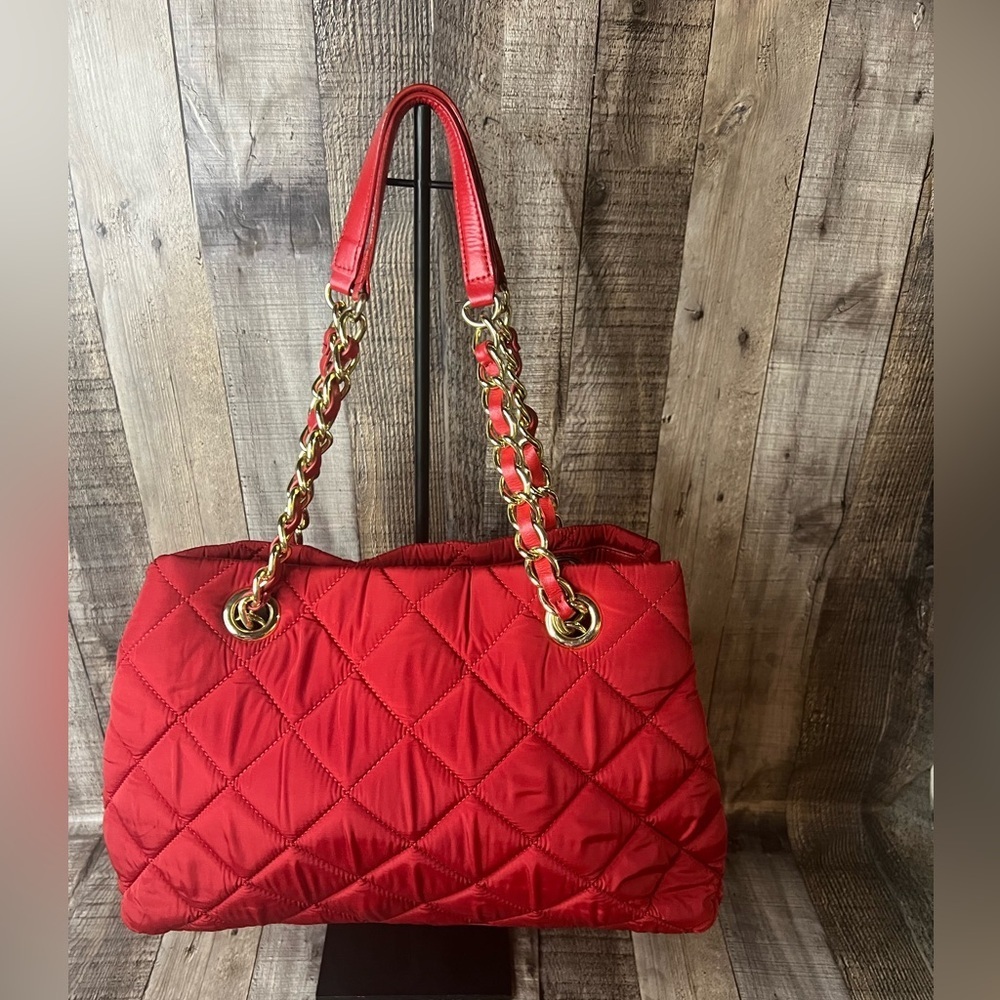 Talbots leather / nylon quilted red tote bag - Picture 3 of 16